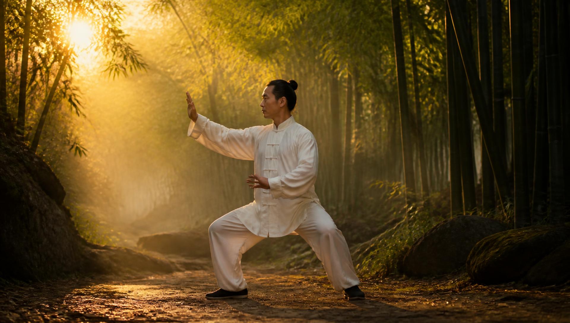 Prática de Tai Chi Chuan ao amanhecer em bambuzal